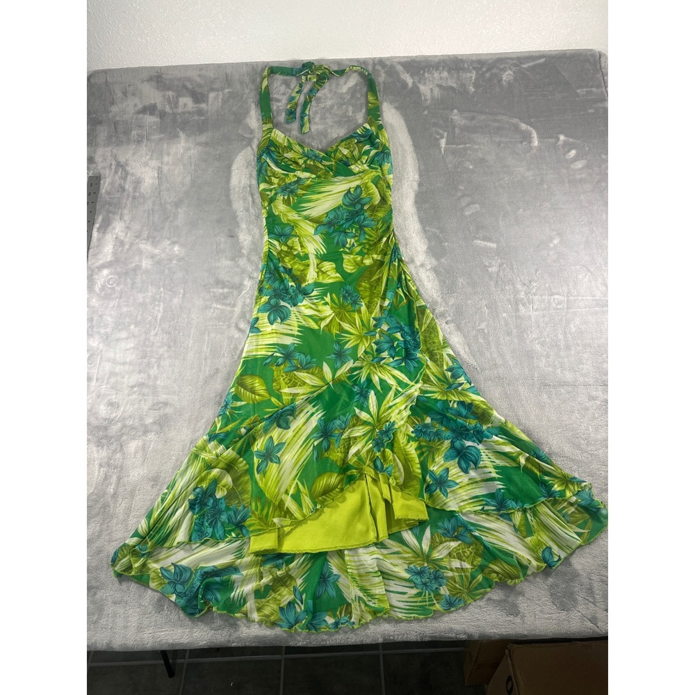 Ruby Rox Green Tropical Floral Halter High Low Ruffle Dress Womens Medium